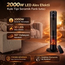 Homenter Voltomat 2000W LED Alev Efektli Kule Tipi Seramik Fanlı Isıtıcı | Uzaktan Kumandalı | Siyah