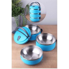 Munico 3 Bölmeli Tutacaklı Sefer Tası Mavi Paslanmaz Çelik Taşınabilir Beslenme Evden Yemek Getirme Okul