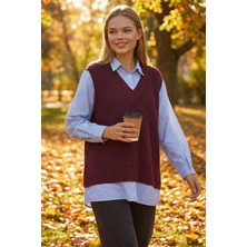 Lior Design Bordo Gömlek Detaylı V Yaka Triko Süveter Bluz BCHPK-251251
