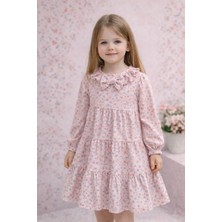 Lav Mer Kids Kız Çocuk %100 Pamuk Çiçek Desenli Uzun Kollu Fiyonk Detaylı Elbise