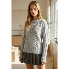 Lior Design Gri Kalın Örgü Desenli Bisiklet Yaka Triko Kazak BCHPK-251250