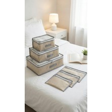 Evsella 6'lı Bej Desenli Valiz Içi Düzenleyici Set Bavul Içi Organizer Seyahat Hurcu Dolap Çanta Düzenleyici