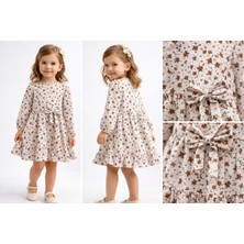 Lav Mer Kids Kız Çocuk %100 Pamuk Çiçek Desenli Uzun Kollu Fiyonk Detaylı Elbise