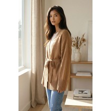 Lior Design Sütlü Kahve Kuşak Bağlamalı Uzun Triko Hırka BCHPK-251237