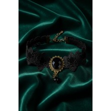 Siyah Zikzak Kurdele Detaylı Dantel Choker - Siyah Inci Boncuk Sallantılı Boyun Bandı