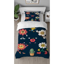 Greendecor Papatya Kaktüs Elma Deseneli Dijital Baskılı Çarşafsız Tek Kişilik Modern Çocuk Nevresim Takımı