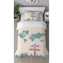 Greendecor Dünya Haritası Gezi Şehir Traveldesenli Dijital Baskılı Özel Tasarım Çarşafsız Şık Nevresim Takımı