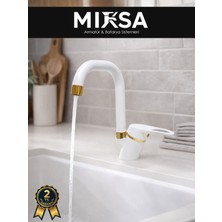 Mixsa Lüx Beyaz-Gold Köşe Borulu Banyo Lavabo Bataryası, Musluğu, Çift Su Girişli