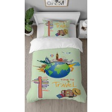Greendecor Dünya Gezisi Uçak Time To Travel Desenli Dijital Baskılı Özel Tasarım Çarşafsız Çocuk Nevresim Takım