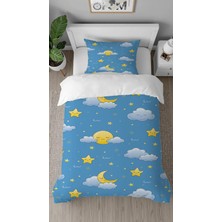 Greendecor Bulut Ay Yıldız Desenli Dijital Baskılı Özel Tasarım Çarşafsız Tek Kişilik Çocuk Nevresim Takımı