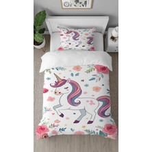 Greendecor Unicorn Çiçek Desenli Dijital Baskılı Özel Tasarım Çarşafsız Tek Kişilik Çocuk Nevresim Takımı