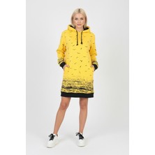 Libas Verda Kadın Sarı Martı Desenli Kapüşonlu Cepli Uzun Kollu Jakarlı Interlok Penye Sweatshirt Elbise