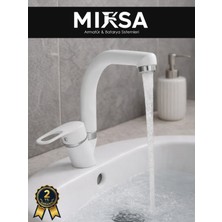 Mixsa Beyaz-Krom Balıksırtı Banyo Lavabo Bataryası, Musluğu, Çift Su Girişli