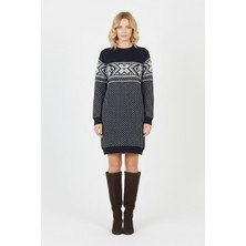 Libas Verda Kadın Lacivert Kar Tanesi Desenli Bisiklet Yaka Raglan Kol Jakarlı Triko Mini Kazak Tunik