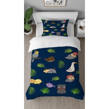 Greendecor Kedi Papağan Ördek Desenli Baskılı Özel Tasarım Çarşafsız Tek Kişilik Şık Çocuk Nevresim Takımı