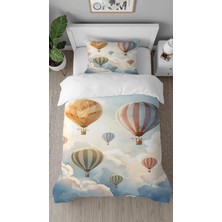 Greendecor Balon Bulut Desenli Baskılı Özel Tasarımlı Çarşafsız Tek Kişilik Modern Tarz Çocuk Nevresim Takımı