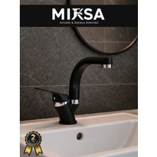 Mixsa Siyah-Krom Balıksırtı Borulu Banyo Lavabo Bataryası, Musluğu, Çift Su Girişli
