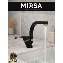 Mixsa Lüx Siyah-Gold Balıksırtı Borulu Banyo Lavabo Bataryası, Musluğu, Çift Su Girişli