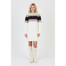 Libas Verda Kadın Beyaz Bel Desenli Bisiklet Yaka Standart Kol Jakarlı Örgü Triko Kazak Elbise