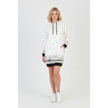 Libas Verda Kadın Beyaz Martı Desenli Kapüşonlu Cepli Uzun Kollu Jakarlı Interlok Penye Sweatshirt Elbise