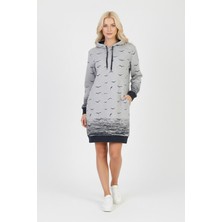 Libas Verda Kadın Gri Martı Desenli Kapüşonlu Cepli Uzun Kollu Jakarlı Interlok Penye Sweatshirt Elbise