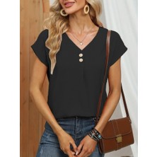 Yeşil Sarmaşık Kadın Kısa Kollu Önü Düğmeli V Yaka Aerobin Bluz