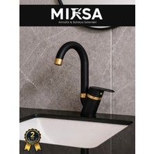 Mixsa Lüx Siyah-Gold Baston Borulu Banyo Lavabo Bataryası, Musluğu, Çift Su Girişli