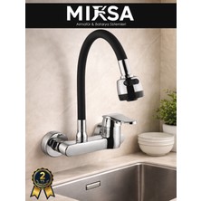 Mixsa Krom Yandan Aplik Siyah Oynar Borulu Lavabo-Eviye Bataryası Çeşmesi Musluğu Çift Su Girişli