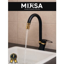 Mixsa Lüx Siyah-Gold Baston Borulu Oynar Başlıklı Perlatörlü Banyo Lavabo Bataryası, Çiftsugirişli