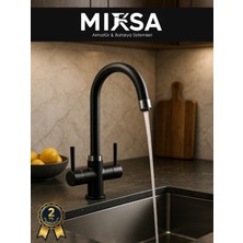 Mixsa Siyah Baston Borulu 3 Girişli Arıtmalı Mutfak Eviye Bataryası Musluğu