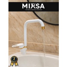 Mixsa Lüx Beyaz-Gold Köşe Borulu Mutfak Eviye Bataryası, Musluğu, Çeşmesi Çift Su Girişli