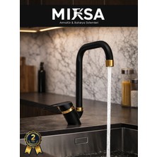 Mixsa Lüx Siyah-Gold Köşe Borulu Mutfak Eviye Bataryası, Musluğu, Çeşmesi Çift Su Girişli