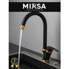 Mixsa Lüx Siyah-Gold Baston Borulu Mutfak Eviye Bataryası, Musluğu, Çeşmesi Çift Su Girişli