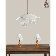 KorFam BREEZE Modeli - Avize & Abajur Set - Hasır El Yapımı Bohem Avize 2'li Ahşap Ayaklı Rustik Abajur Set - Beyaz