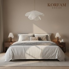 KorFam BREEZE Modeli Beyaz Avize & Abajur Set - Hasır El Yapımı Bohem Avize 2'li Ahşap Ayaklı Rustik Abajur Set