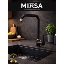 Mixsa Lüx Siyah-Gold Armut Köşe Borulu Mutfak Eviye Bataryası, Musluğu, Çeşmesi Çift Su Girişli