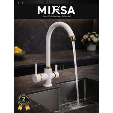 Mixsa Beyaz-Gold Baston Borulu 3 Girişli Arıtmalı Mutfak Eviye Bataryası Musluğu
