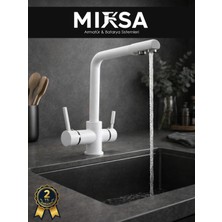 Mixsa Lüx Arıtmalı Beyaz 3 Yollu Mutfak Eviye Bataryası Musluğu (Sıcak-Soğuk Girişli, Pirinç Malzeme)