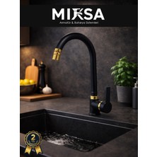 Mixsa Lüx Siyah-Gold Armut Baston Oynar Başlıklı Perlatörlü Mutfak Eviye Bataryası, Çiftsugirişli