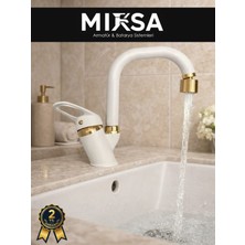 Mixsa Lüx Beyaz-Gold Köşe Borulu Oynar Başlıklı Perlatörlü Mutfak Eviye Bataryası, Çiftsugirişli