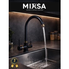 Mixsa Siyah-Gold Baston Borulu 3 Girişli Arıtmalı Mutfak Eviye Bataryası Musluğu