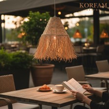 KorFam Krem Hasır El Yapımı Doğal Rafya Saçaklı Bohem Avize