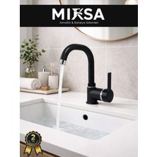 Mixsa Siyah-Krom Armut Köşe Borulu Banyo Lavabo Bataryası Çeşmesi Musluğu Çift Su Girişli
