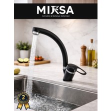Mixsa Siyah-Krom Mix Kuğu Mutfak Eviye Bataryası, Musluğu, Çeşmesi Çift Su Girişli