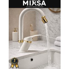 Mixsa Lüx Beyaz-Gold Baston Borulu Oynar Başlıklı Perlatörlü Mutfak Eviye Bataryası, Çiftsugirişli