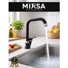Mixsa Siyah-Krom Köşe Borulu Mutfak Eviye Bataryası, Musluğu, Çeşmesi Çift Su Girişli