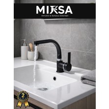 Mixsa Siyah-Krom Armut Balıksırtı Borulu Banyo Lavabo Bataryası Çeşmesi Musluğu Çift Su Girişli
