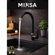 Mixsa Lüx Siyah-Gold Armut Baston Borulu Mutfak Eviye Bataryası, Musluğu, Çeşmesi Çift Su Girişli