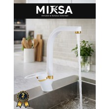 Mixsa Lüx Beyaz-Gold Balıksırtı Borulu Mutfak Eviye Bataryası, Musluğu, Çeşmesi Çift Su Girişli