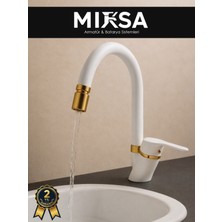 Mixsa Lüx Beyaz-Gold Baston Borulu Oynar Başlıklı Perlatörlü Banyo Lavabo Bataryası, Çiftsugirişli